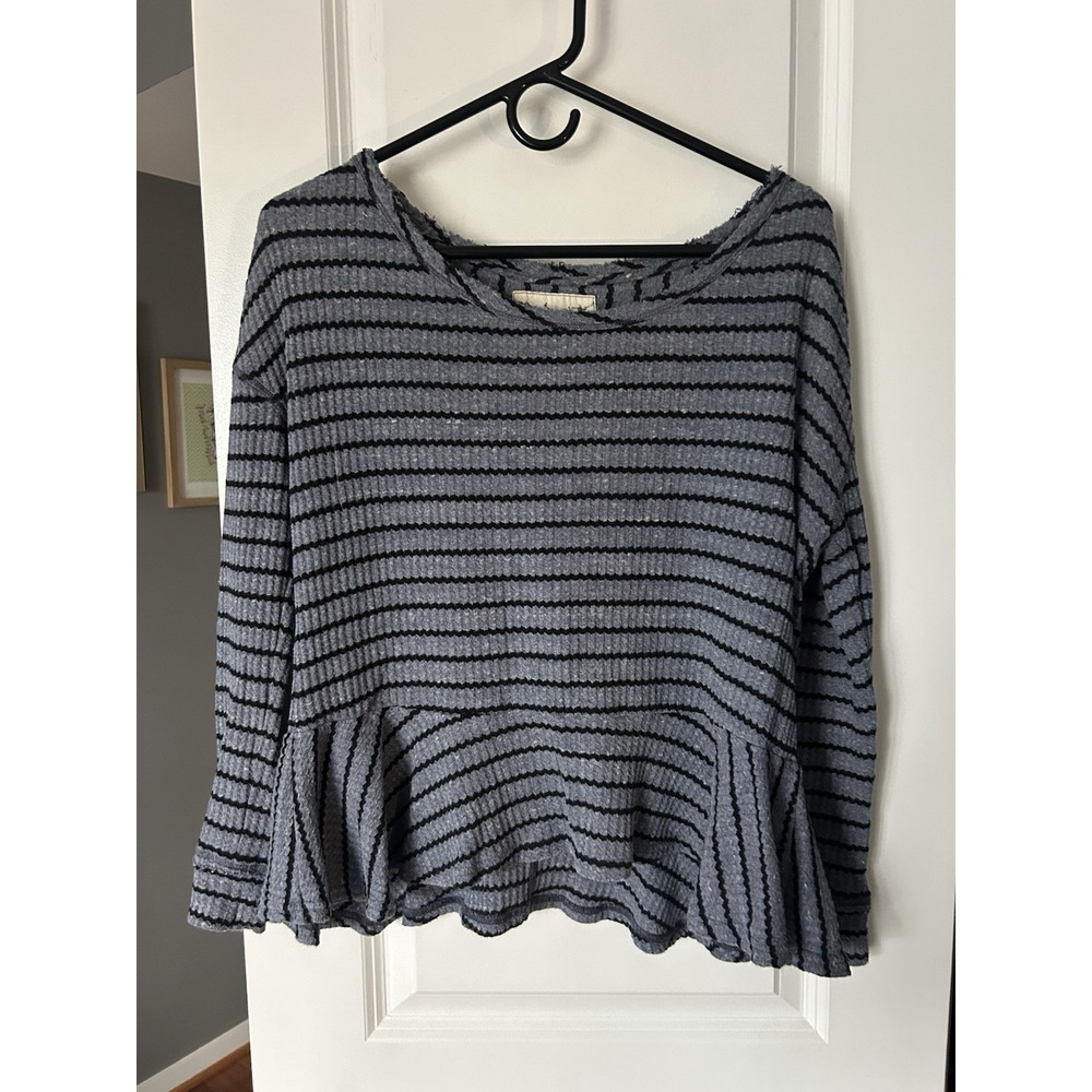 We The Free Free People Auntie Em Blue Striped Waffle Knit Peplum Top Size XS